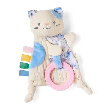 Plush Itzy Ritzy Bitzy Crinkle Sensory Crinkle Toy with Teether - Kitty toy with cat ears and colorful elements on a white background