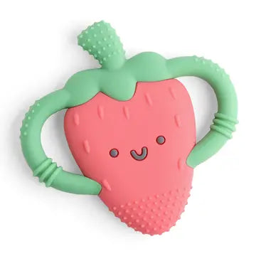 Strawberry-shaped Itzy Ritzy Chew Crew Silicone Handle Teether - Strawberry teething toy with green handle on a white background