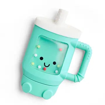 Teal Itzy Ritzy Bitzy Shake Plus Rattle & Teether - Tumbler cup with a smiley face and colorful sprinkles on a white background