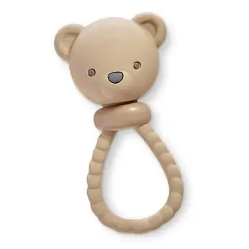 Itzy Ritzy Shake & Smile Silicone Rattle Teether Beige teddy bear-shaped teething ring on a white background
