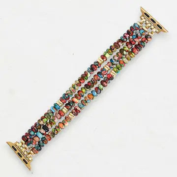 Kaleidoscope boho stretch apple watch strap band in Multicolored beaded with gold clasp by cape diablo on a white background
