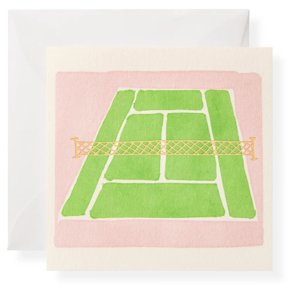 Karen Adams Enclosure card with Tennis court design on a pink and green card with a white border