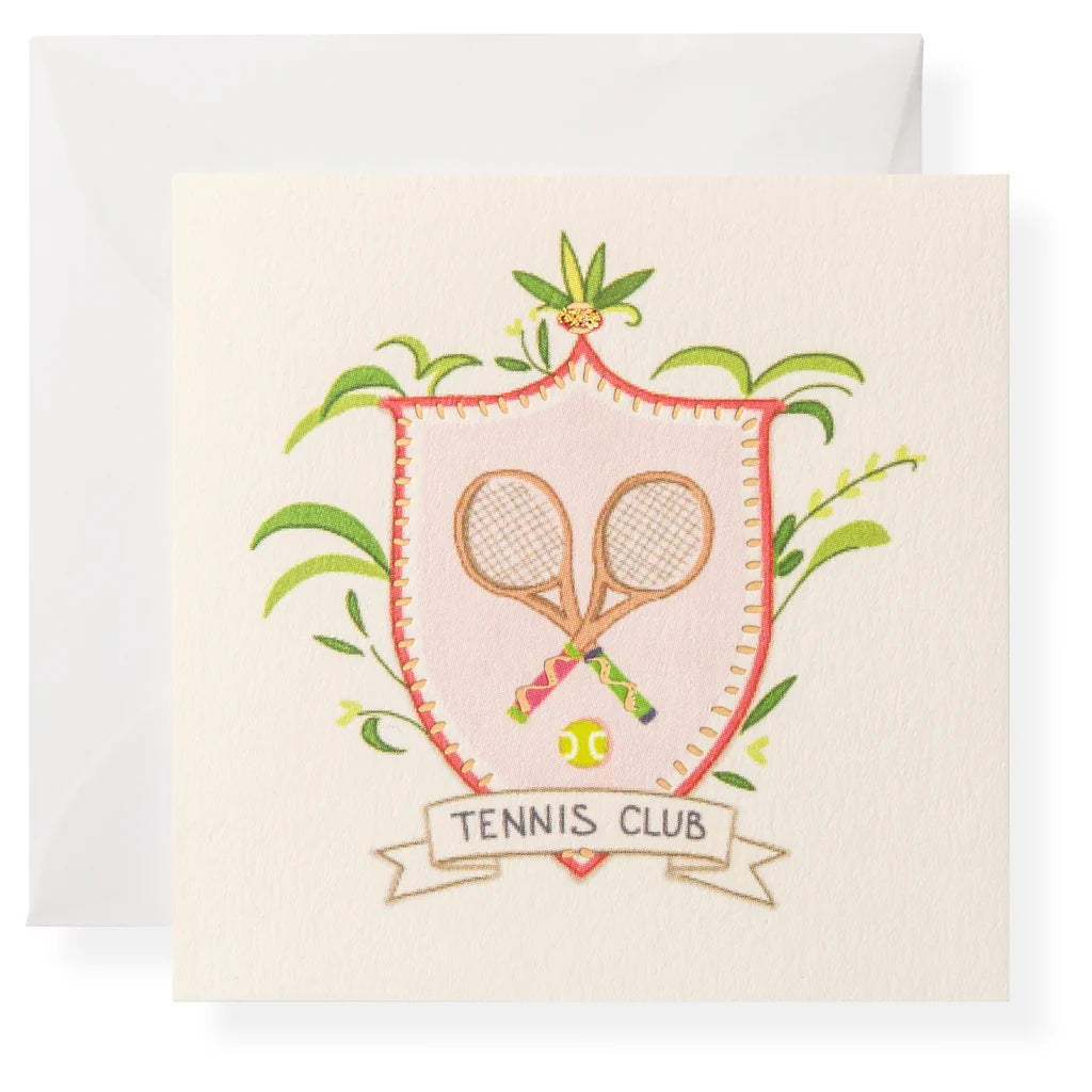 Karen Adams Tennis Club Enclosure card with Embroidered design of a tennis club emblem with crossed rackets and leaves on a beige background.