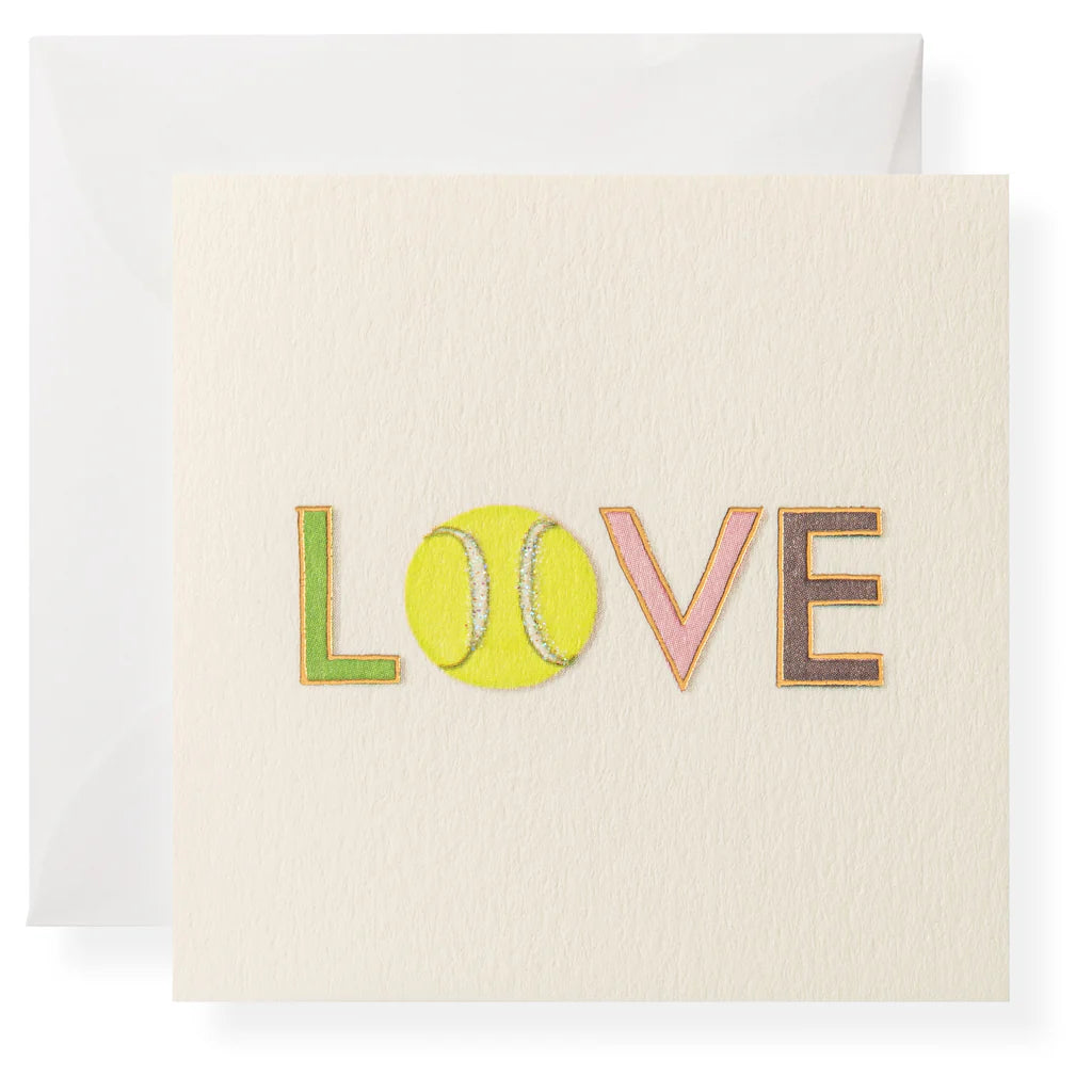 Karen Adams Tennis Club Enclosure Card with 'LOVE' text using colorful letters and a tennis ball for the O on a white background