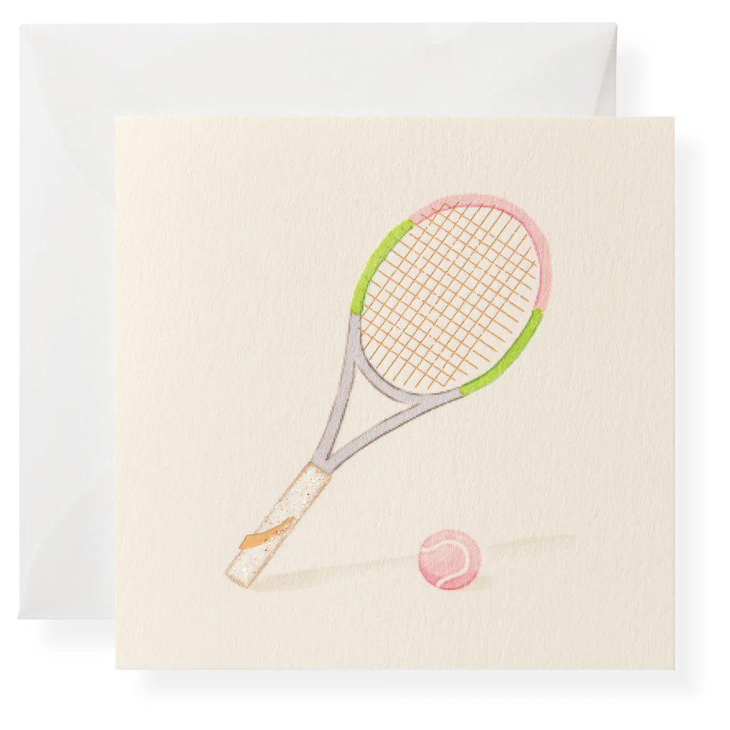 Karen Adams Tennis Club Enclosure Card with a tennis racket and ball design on a white background
