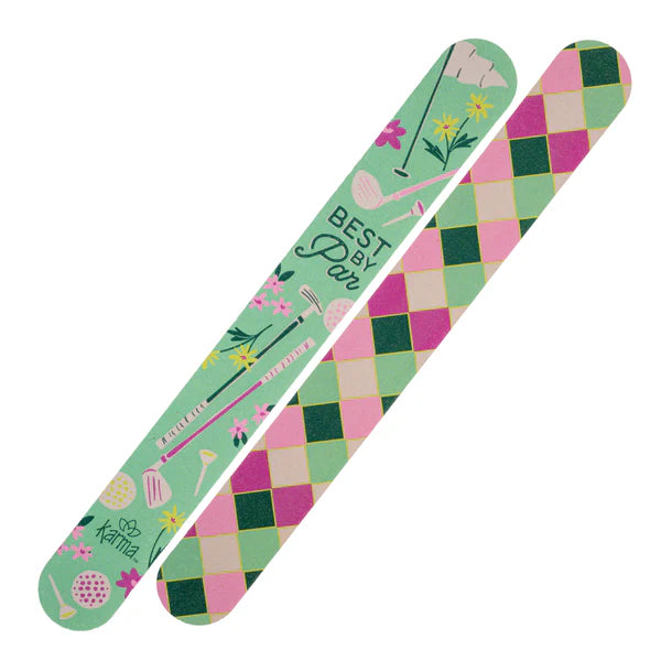 two emery boards by karma with golf theme complimentary colors of pink and greens with a best by par logo