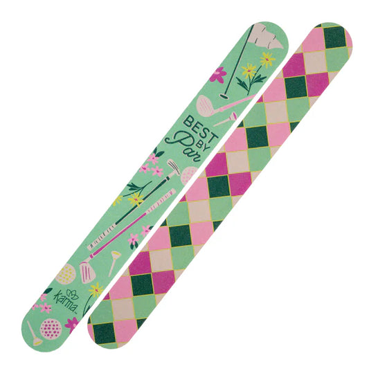 two emery boards by karma with golf theme complimentary colors of pink and greens with a best by par logo