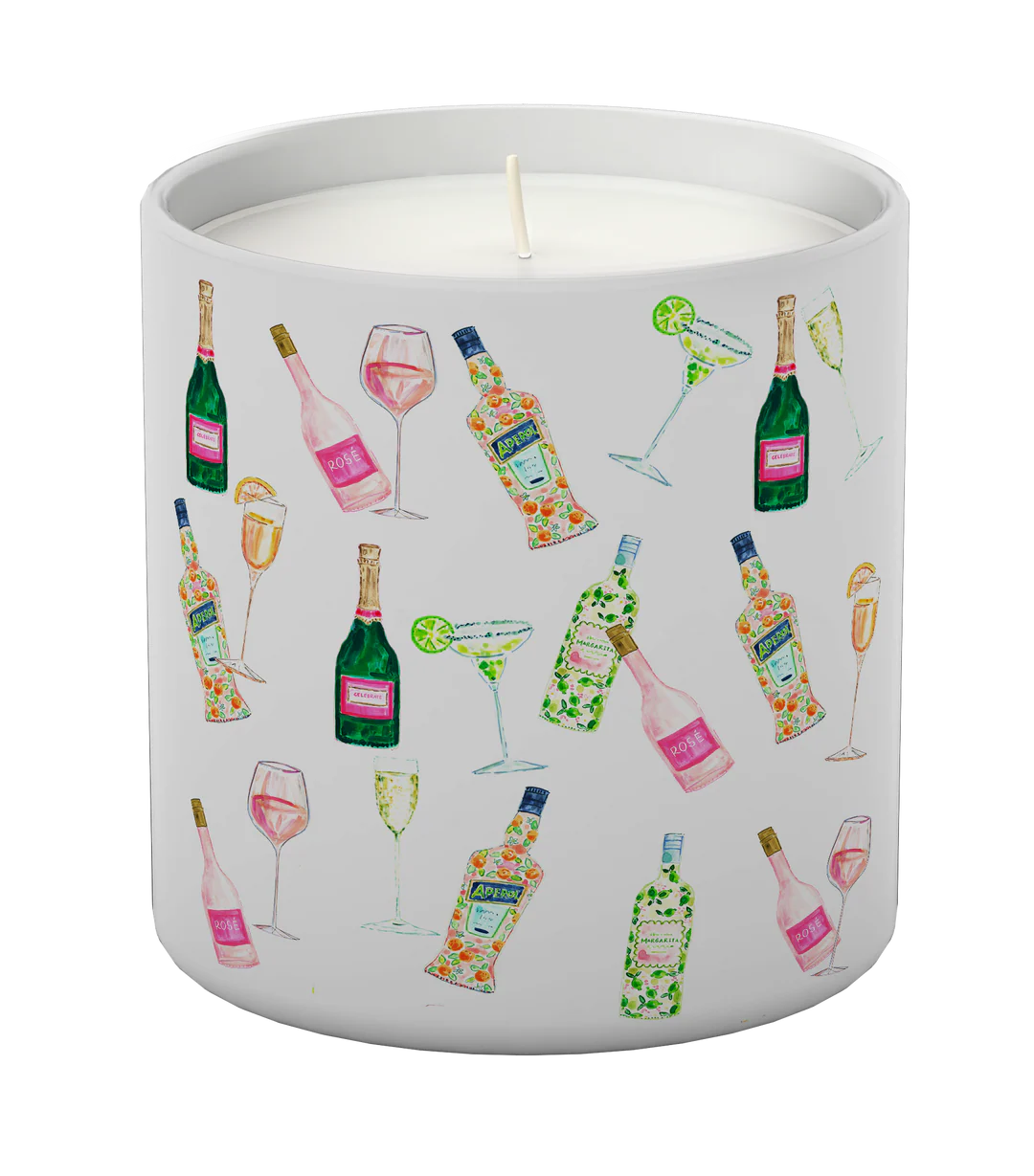 Cocktails Candle - Fizzy Prosecco & Tangerine Candle in a white container with colorful bottle and glass illustrations on a white background