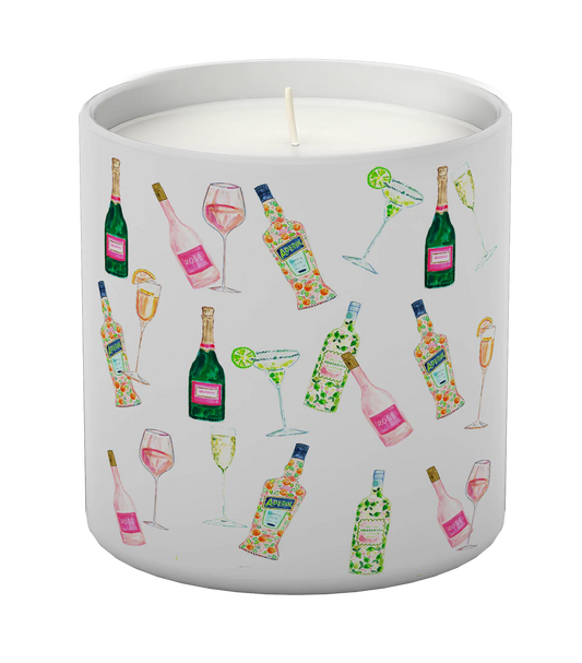 Cocktails Candle - Fizzy Prosecco & Tangerine Candle in a white container with colorful bottle and glass illustrations on a white background