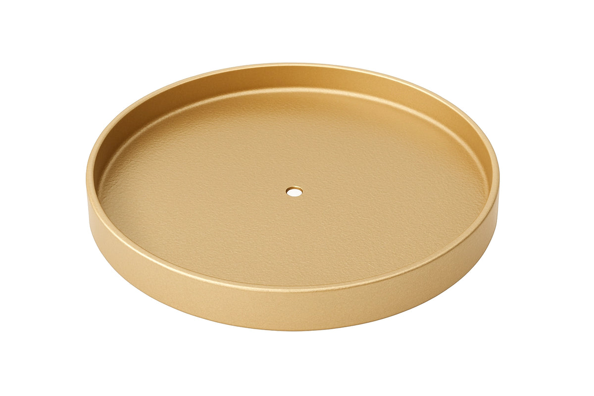 A round, gold pop in gallery tray with a single central hole, shown from a top-down perspective 
