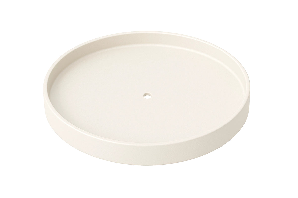 A round, white pop in gallery tray with a single central hole, shown from a top-down perspective 