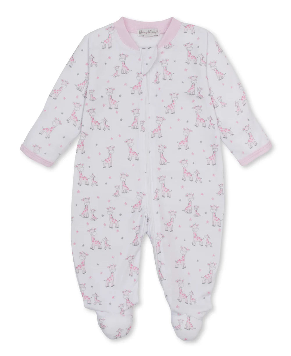 Kissy Kissy Just Giraffes footie with pink trim and pink mother and baby cartoon giraffes