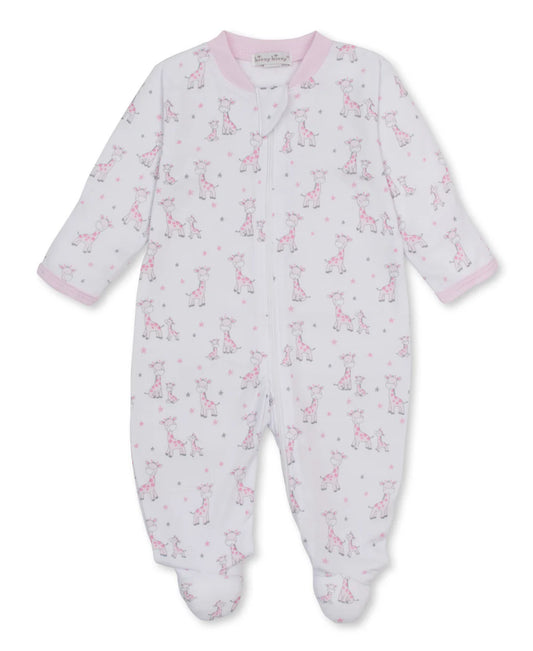 Kissy Kissy Just Giraffes footie with pink trim and pink mother and baby cartoon giraffes