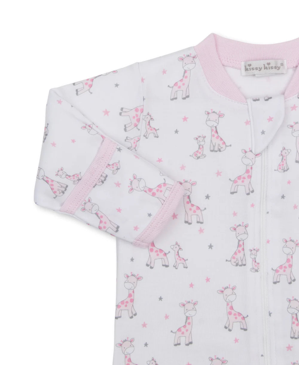 Close up of the Kissy kissy just giraffes pink footie with pink trim, pink and gray stars and mother and baby cartoon giraffes.