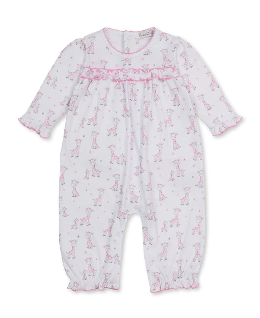 kissy kissy just giraffes playsuit with pink cartoonish mother and baby giraffes in gray and pink and pink ruffled legs, arms and new and a pink ruffle across the chest