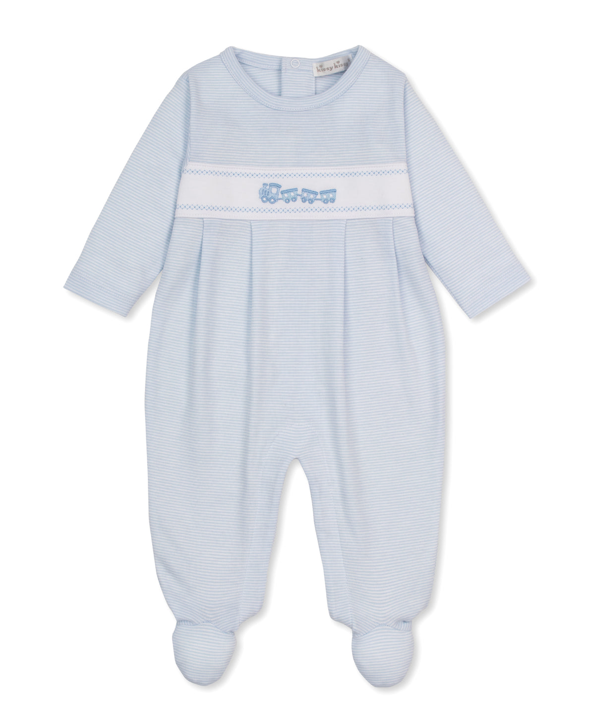 Light blue Kissy Kissy Classic Treasures baby onesie with white trim on a white background