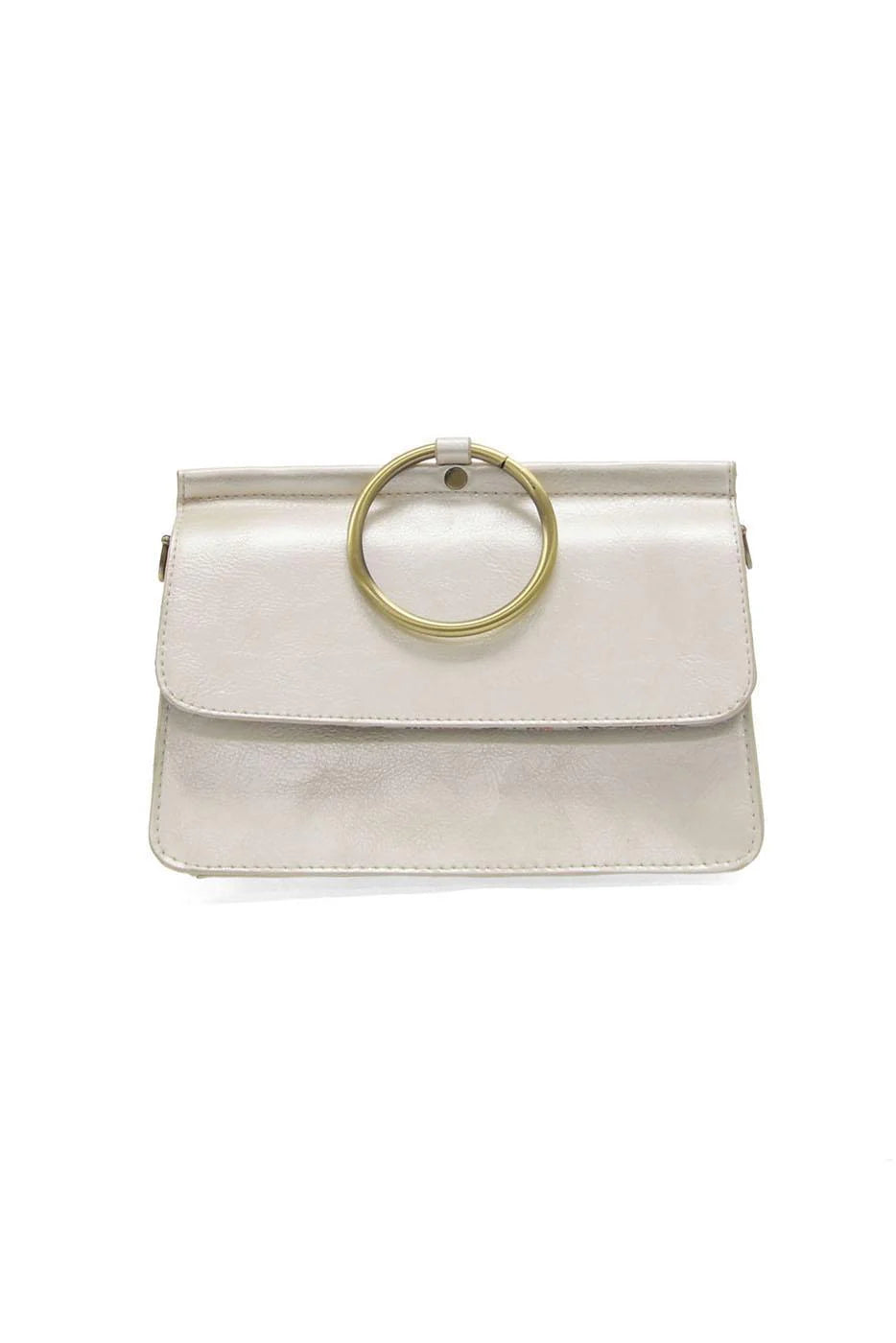 joy susan  metallic pearl aria handbag with a gold ring handle 