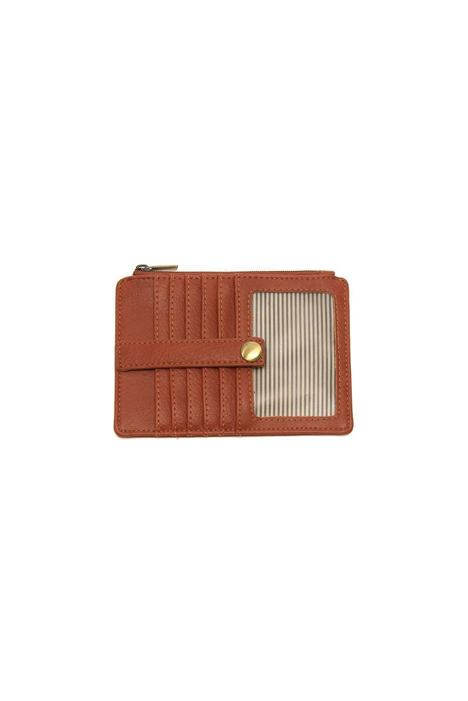 A terracotta vegan leather mini travel wallet with a top zip closure, multiple card pockets, an ID window pocket, and an exterior passport pocket. It has brass plated hardware and is slim enough for travel use.