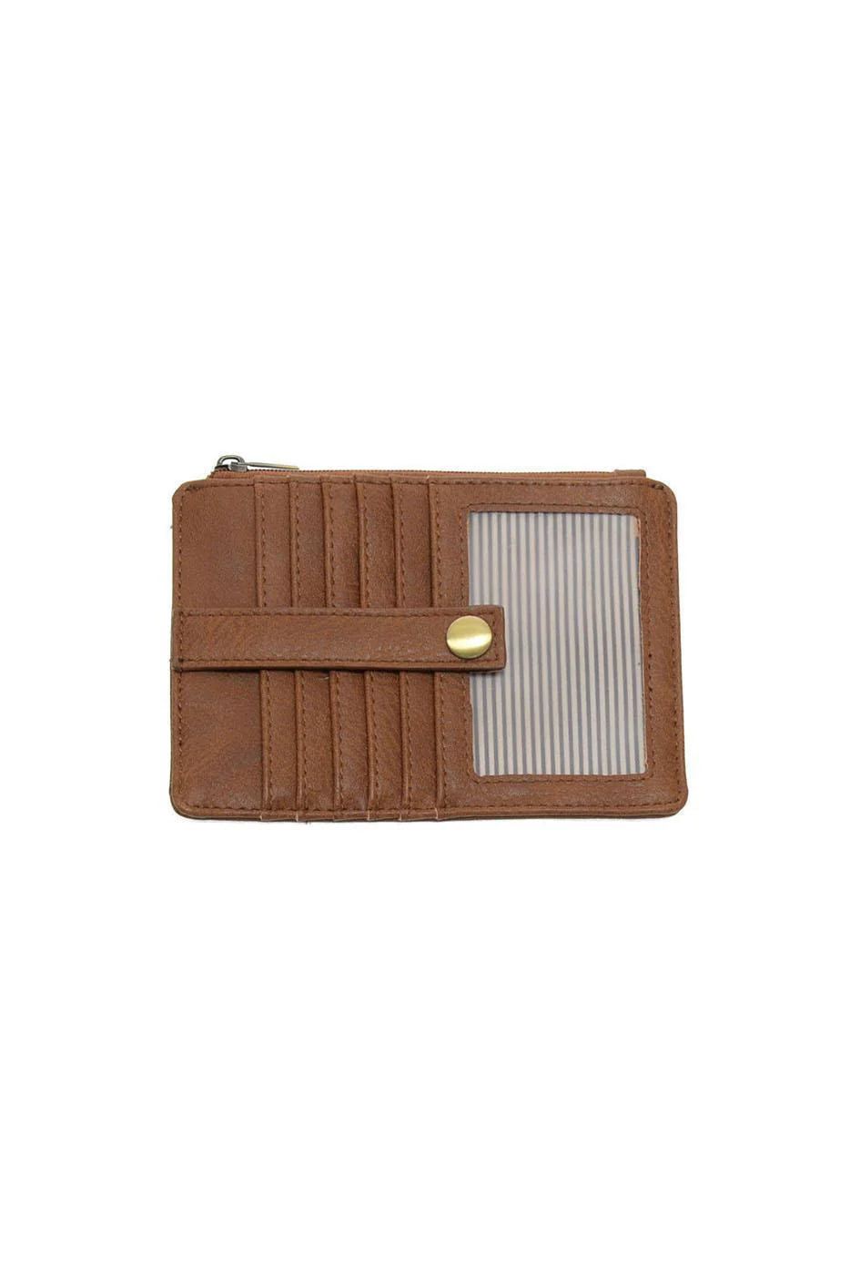A pecan vegan leather mini travel wallet with a top zip closure, multiple card pockets, an ID window pocket, and an exterior passport pocket. It has brass plated hardware and is slim enough for travel use.