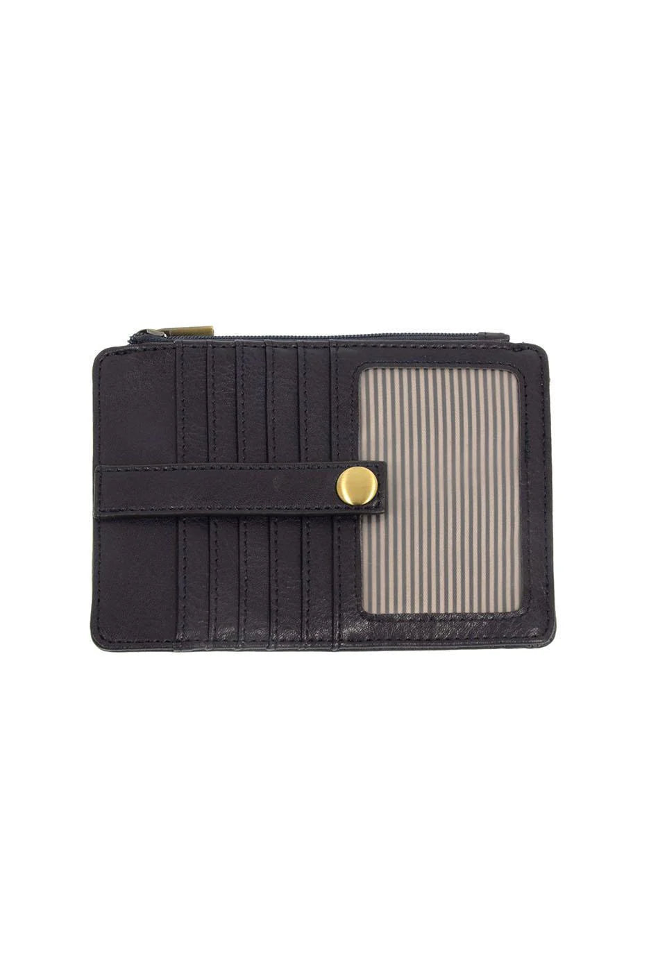 A midnight blue vegan leather mini travel wallet with a top zip closure, multiple card pockets, an ID window pocket, and an exterior passport pocket. It has brass plated hardware and is slim enough for travel use.