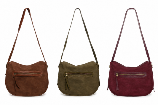 Three tori sueded hobo crossbody purses in toffee, bordeaux and olive green