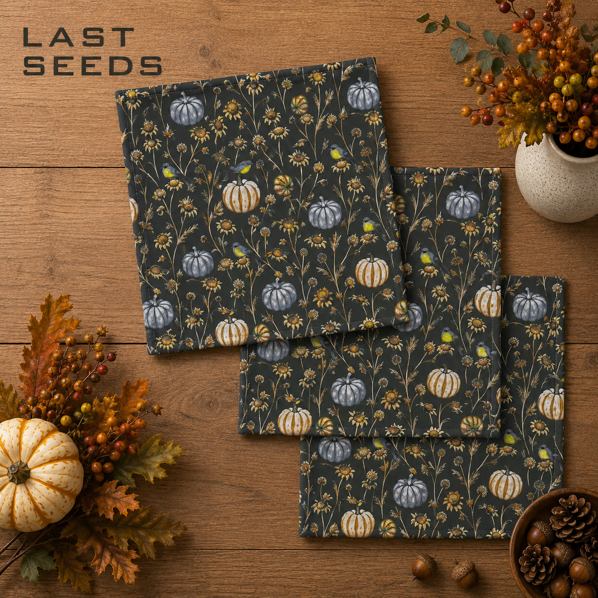Geometry set of three dishcloth set with a dark slate blue background and a repeating autumn pattern of pumpkins, wildflowers, and small birds, arranged on a wooden tabletop with fall decor and the brand name LAST SEEDS in the top left corner.  The Little Exchange SKU 150045