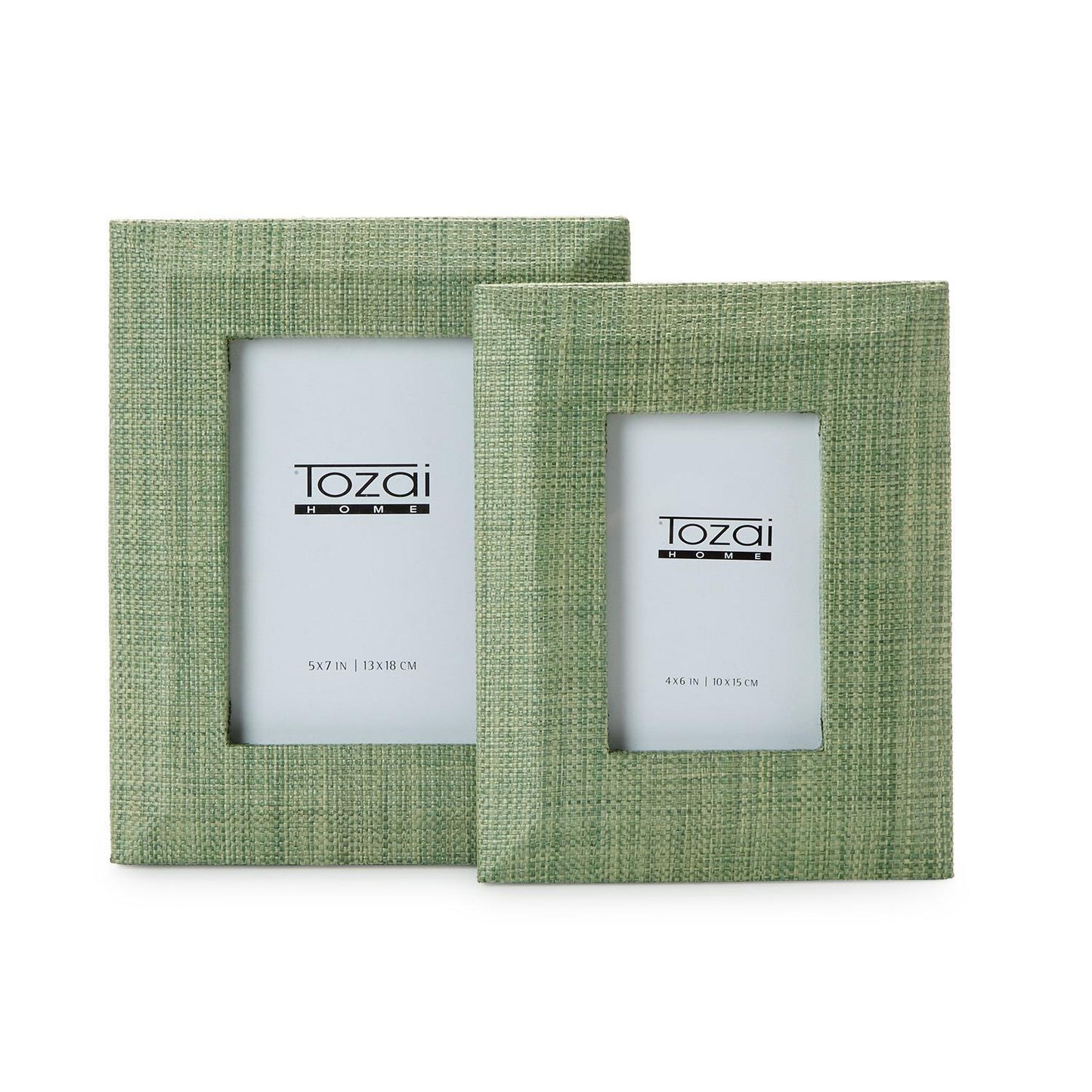 Two green fabric picture frames with 'Tozai' branding