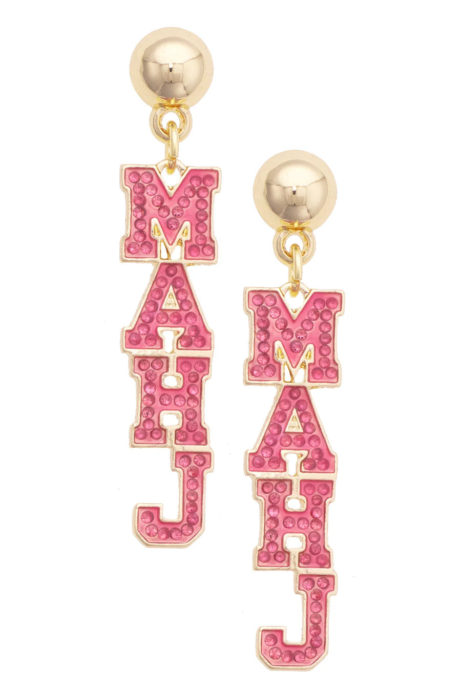 MAHJ Varsity outline earrings with gold ball stud and drop gold chain with the letters MAHJ in Fuchsia with fuchsia colored pave crystals outlined in gold by Canvas Style