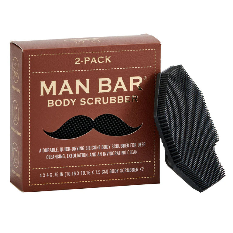 Man Bar body scrubber packaging with a black scrubber on a white background