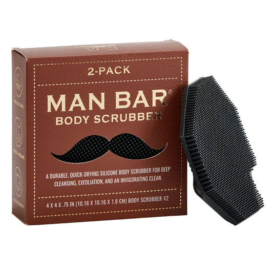 Man Bar body scrubber packaging with a black scrubber on a white background