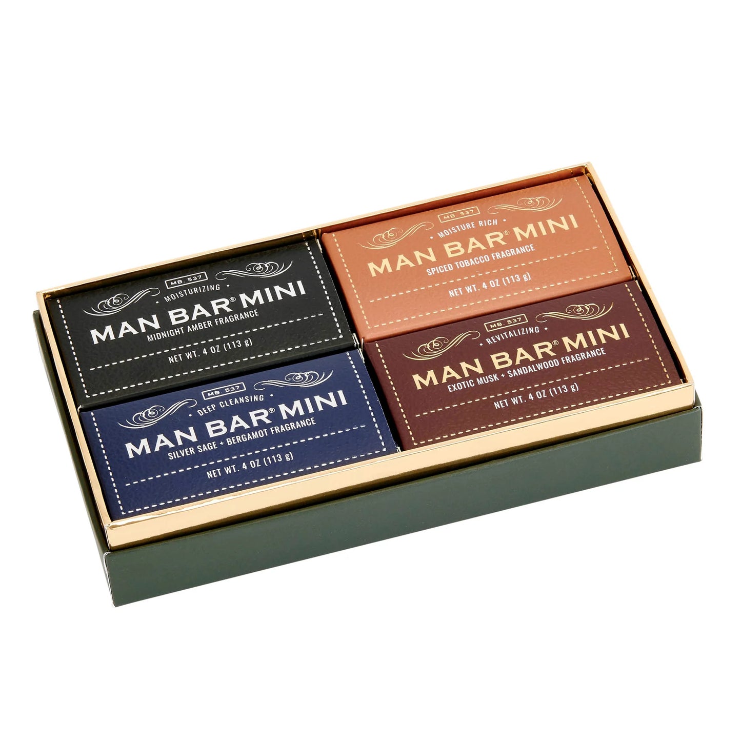Four mini soap bars in a box labeled 'Man Bar Mini' on a white background