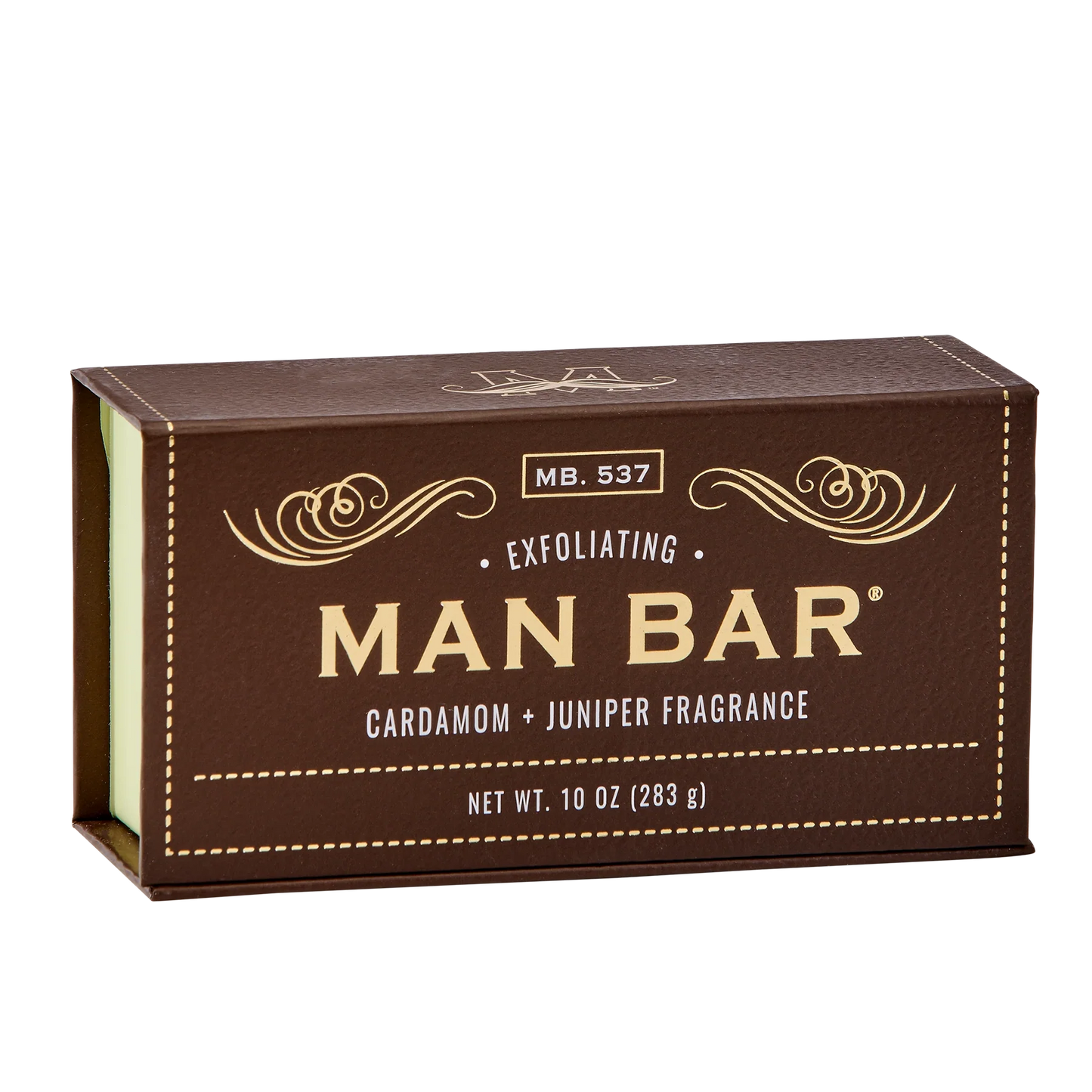 Exfoliating Man Bar packaging with brown and gold design on a white background
