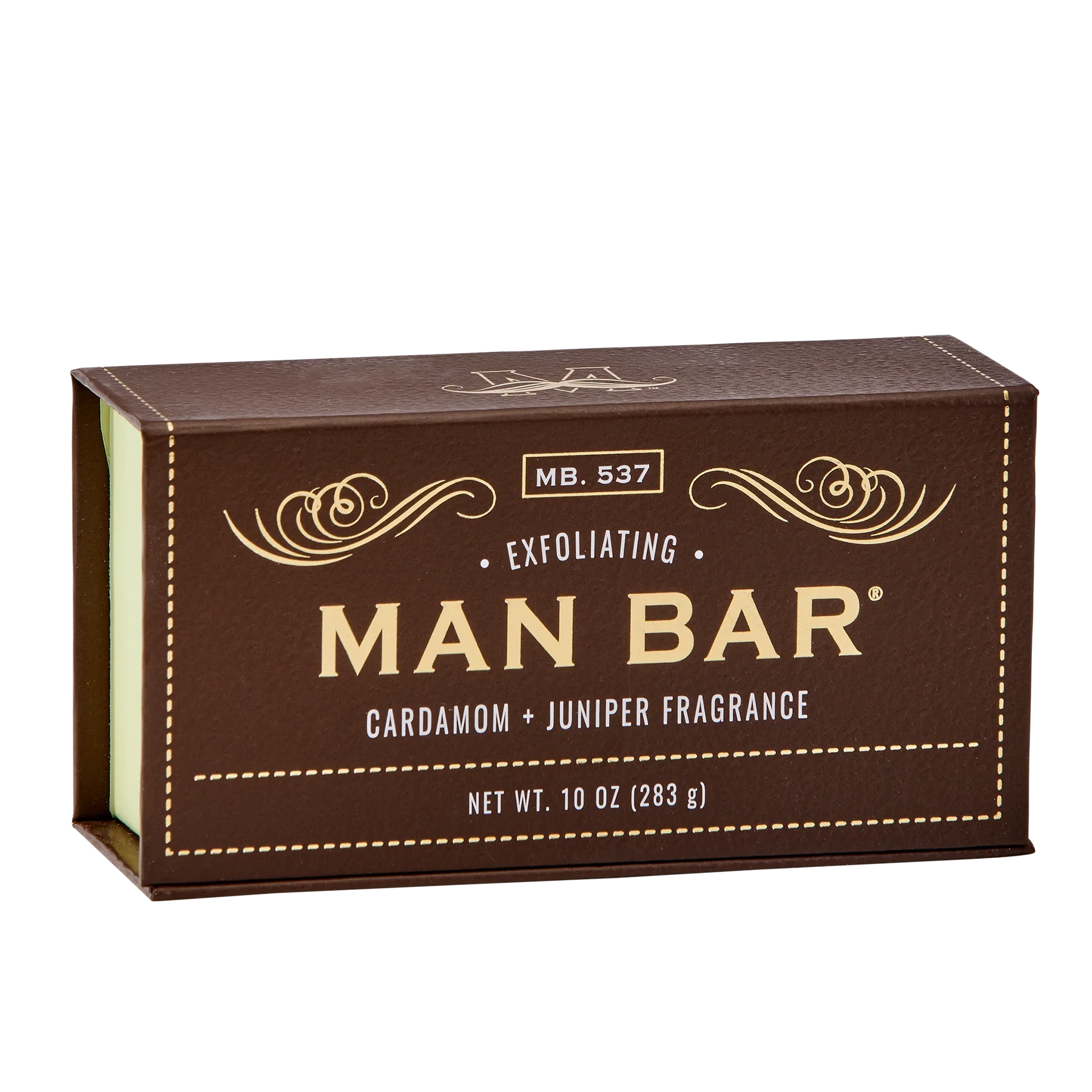 Exfoliating Man Bar packaging with brown and gold design on a white background