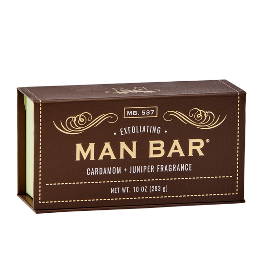 Exfoliating Man Bar packaging with brown and gold design on a white background