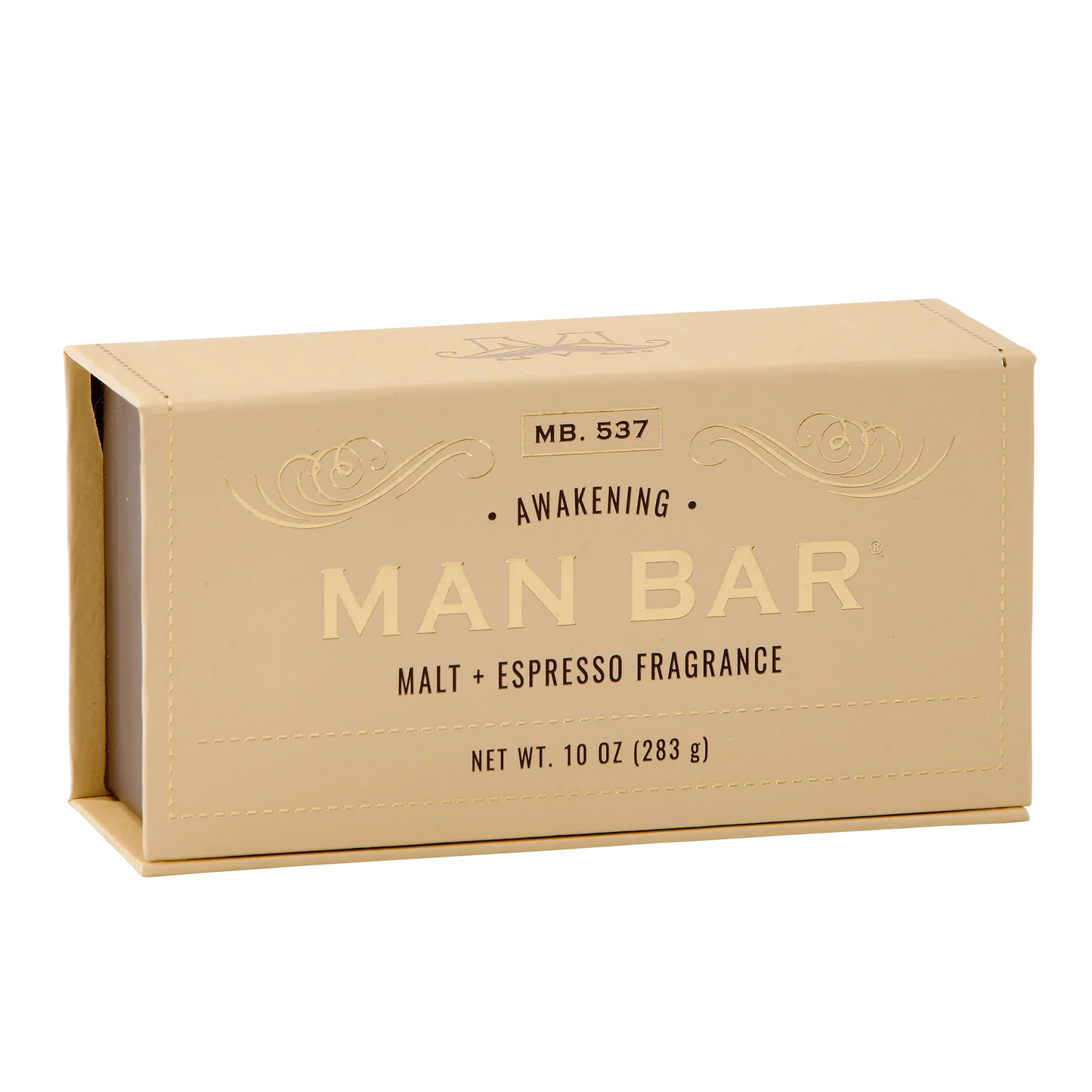 Man Bar soap in a brown cardboard box with malt and espresso fragrance text