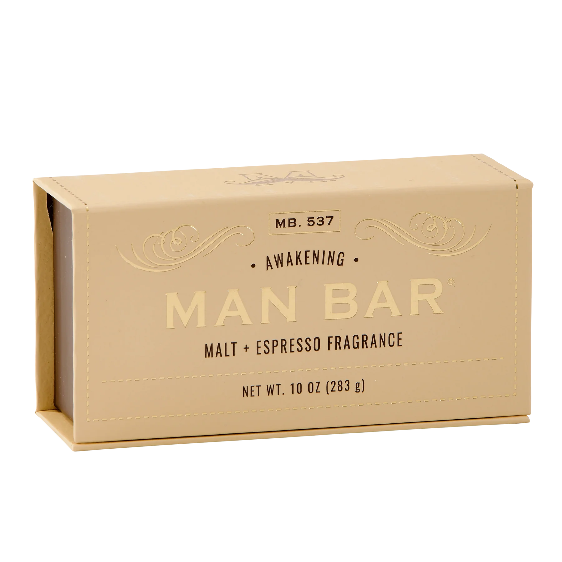 Man Bar soap in a brown cardboard box with malt and espresso fragrance text