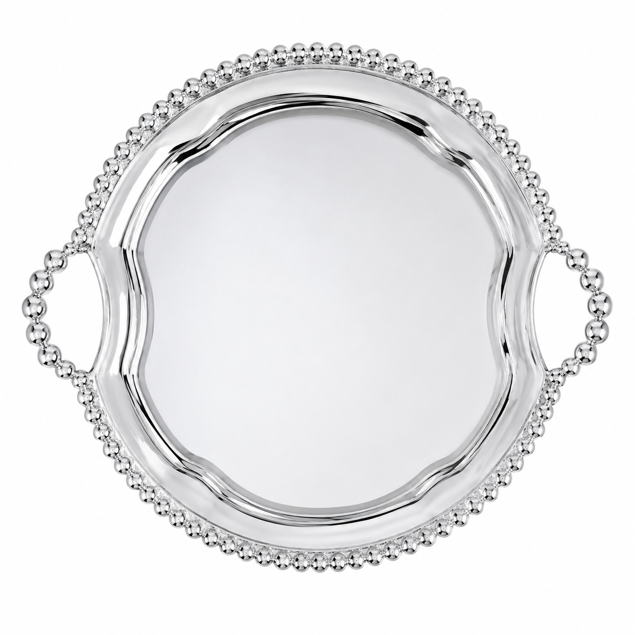 A round Mariposa  silver serving tray with a beaded border and two loop handles, shown on a plain white background.