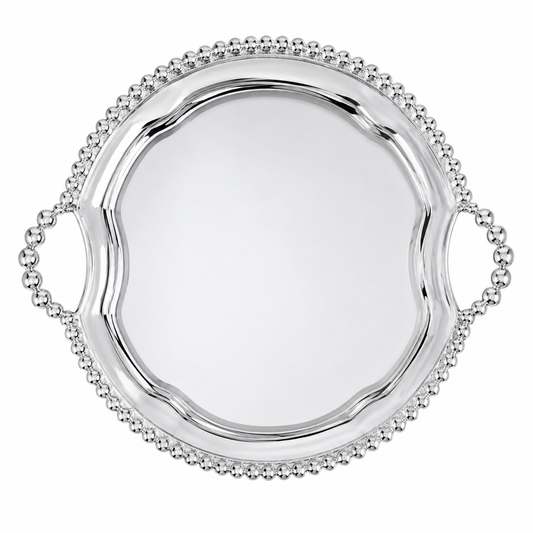 A round Mariposa  silver serving tray with a beaded border and two loop handles, shown on a plain white background.