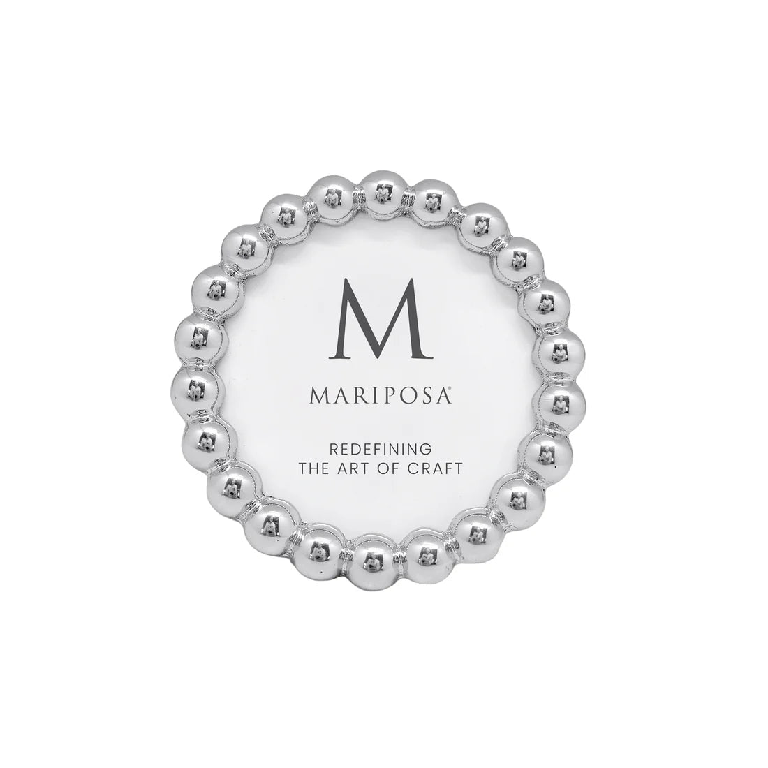A round silver 3379 Baubles 4x4 picture frame with a beaded outer border and a white center, featuring the brand name 'MARIPOSA' and a large 'M' logo.