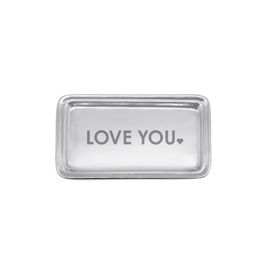 A rectangular Mariposa silver metal tray with rounded corners, featuring the words 'LOVE YOU' and a small heart printed in gray in the center, set against a plain white background.