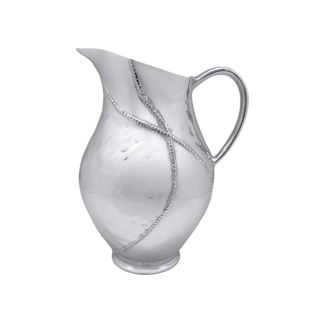 A polished aluminum silver Mariposa 9209 Sueño Pitcher with a curved handle and a decorative twisted wire design running diagonally across the body, set against a plain white background.