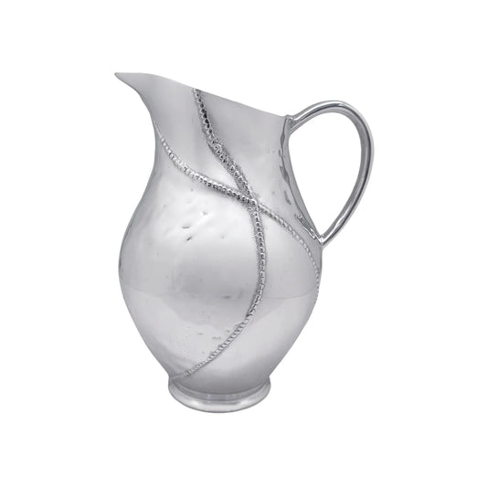 A polished aluminum silver Mariposa 9209 Sueño Pitcher with a curved handle and a decorative twisted wire design running diagonally across the body, set against a plain white background.