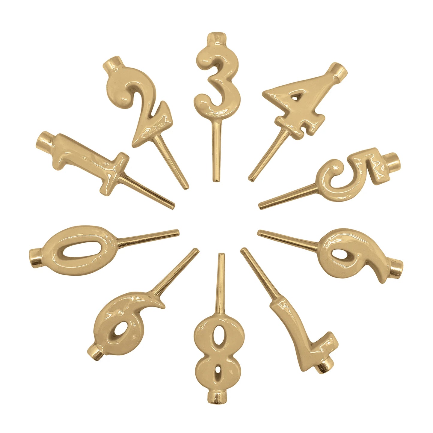 Set of ten Mariposa  gold-colored plastic number cake toppers arranged in a circular pattern on a solid white background.