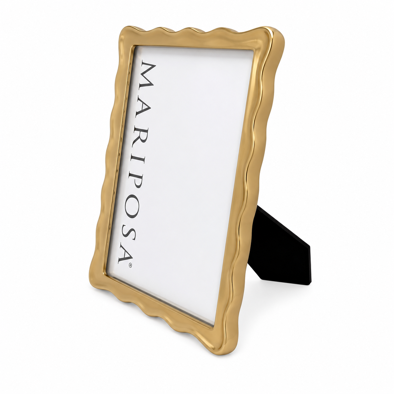 Gold scalloped picture frame with a white insert displaying the brand name 'MARIPOSA' and a black display stand, shown on a white background.