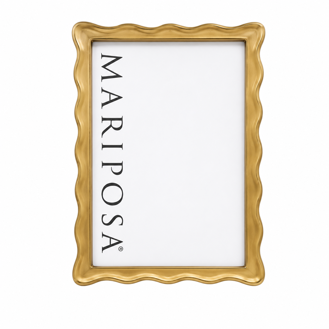 A rectangular picture frame with a wavy scalloped gold border, shown empty with the brand name 'MARIPOSA' printed vertically in black on the white insert.