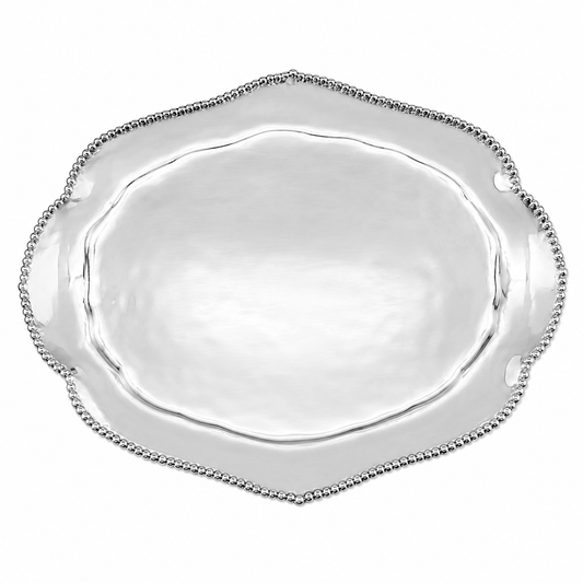 A Mariposa 9205 Sueño Oval silver oval serving platter with a beaded scalloped edge and integrated side handles, shown on a plain white background.