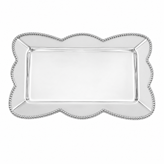 A Mariposa rectangular 9210 Sueno small plate silver serving tray with a scalloped beaded border, shown on a plain white background.