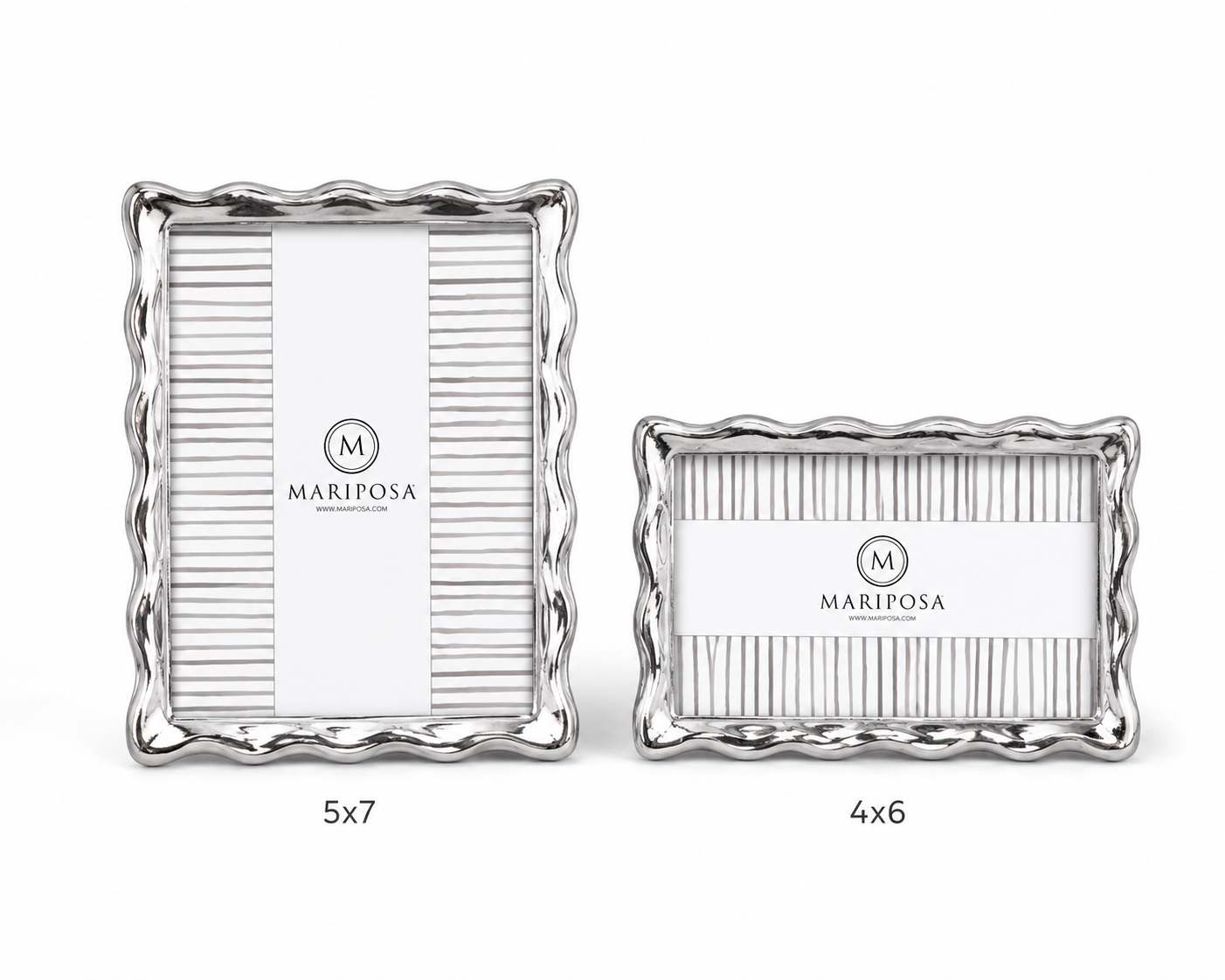 Two silver picture frames with wavy scalloped edges, shown on a white background. The larger frame is labeled 5x7 and the smaller frame is labeled 4x6.