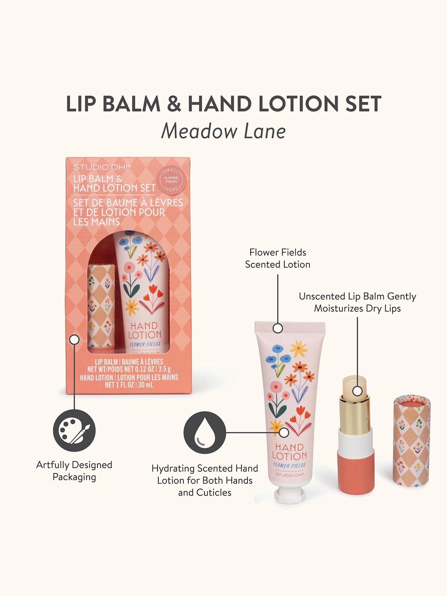 STudio Oh! Lip balm and hand lotion set with packaging labeled 'Meadow Lane' on a white background.