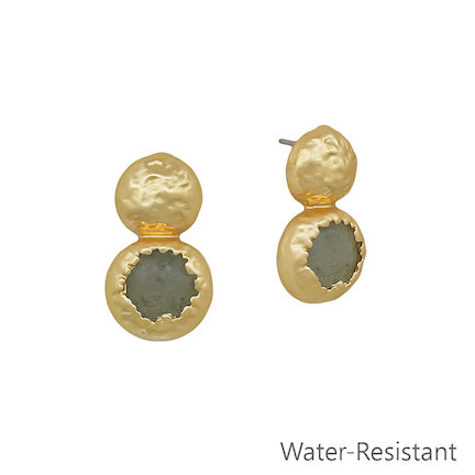 Meghan Browne ONA-LAB earrings with gold post with a pounded gold circle and a second drop pounded gold circle with LABRADORITE stones
